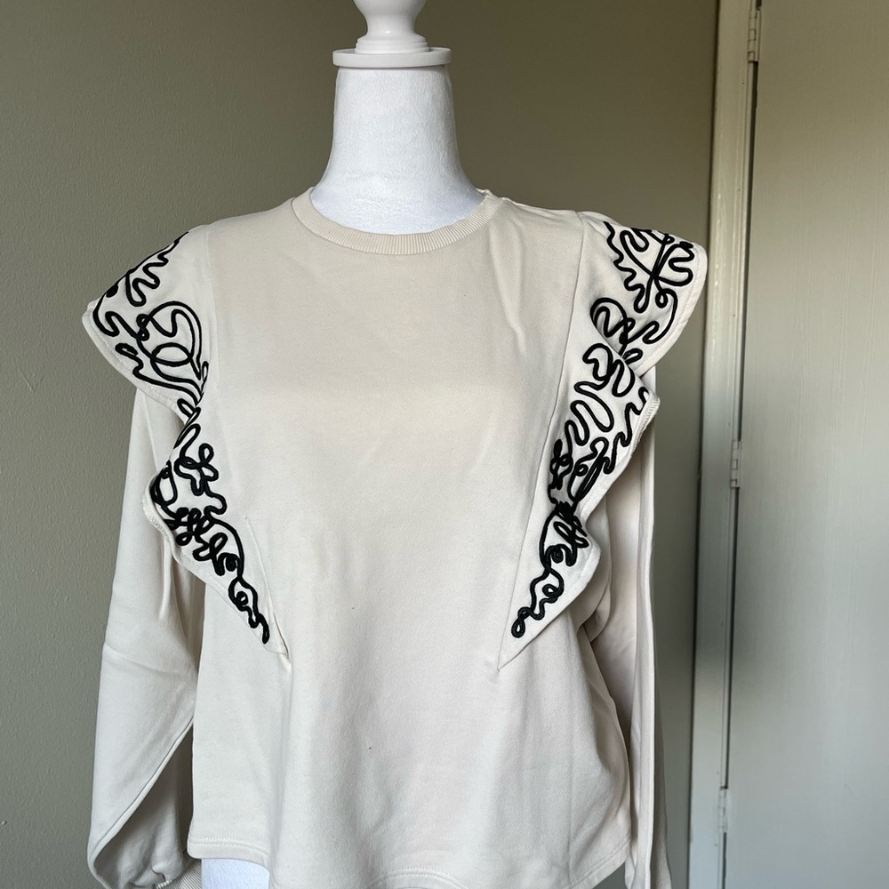 Zara Ivory Scribble Bib Long Sleeve Top
